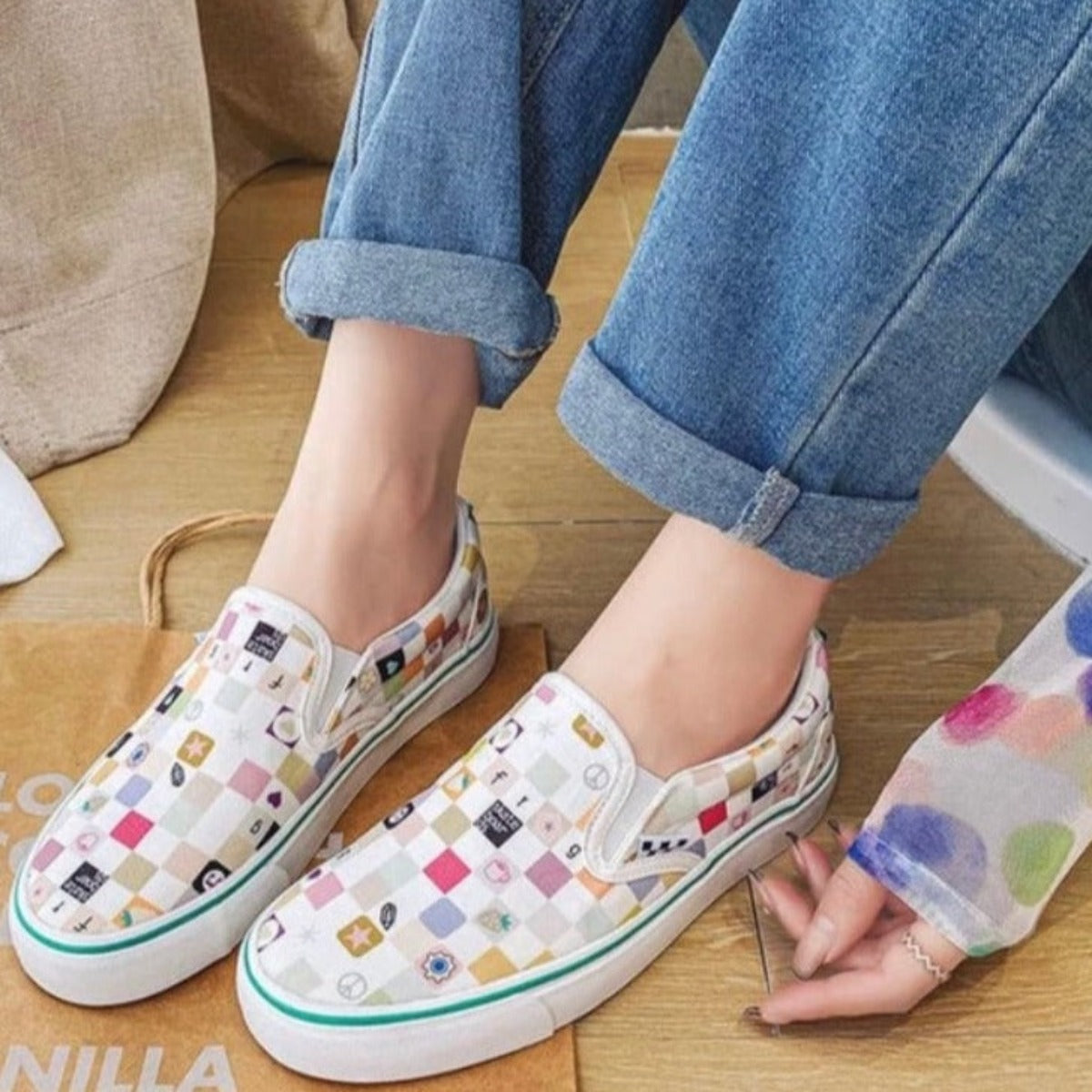Color Checkerd Slip on Loafers